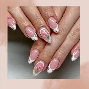 24 Piece Floral Tulip Press on Nails Art with Pink and White Accents. New.
